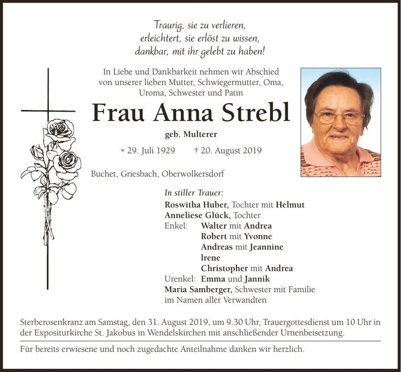Traueranzeige Anna Strebl