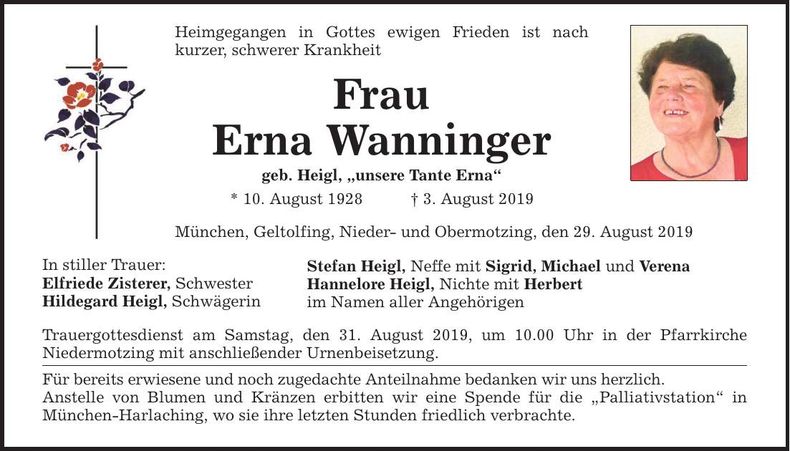Traueranzeige Erna Wanninger