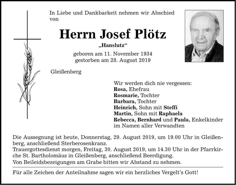 Traueranzeige Josef Plötz