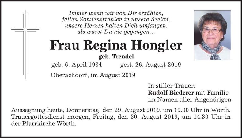Traueranzeige Regina Hongler