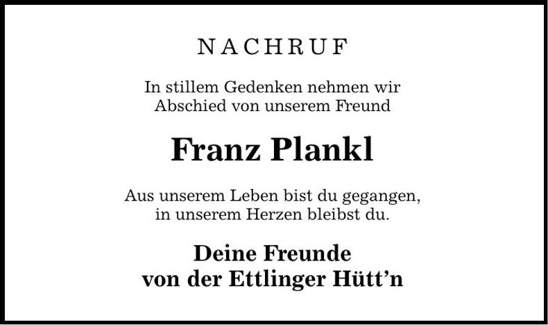 Traueranzeige Franz Plankl