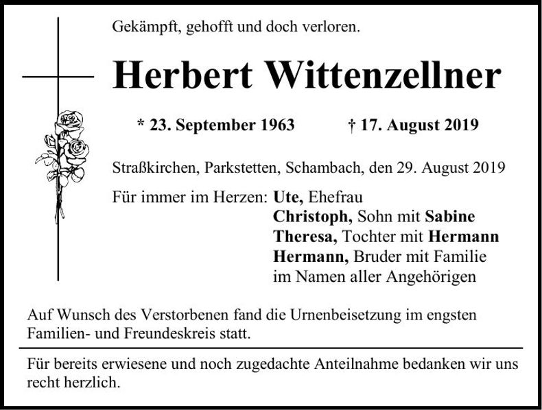 Traueranzeige Herbert Wittenzellner