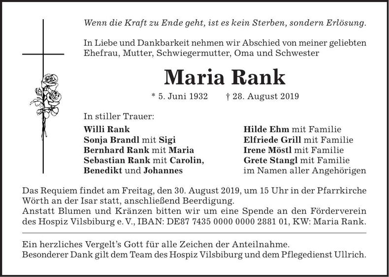 Traueranzeige Maria Rank