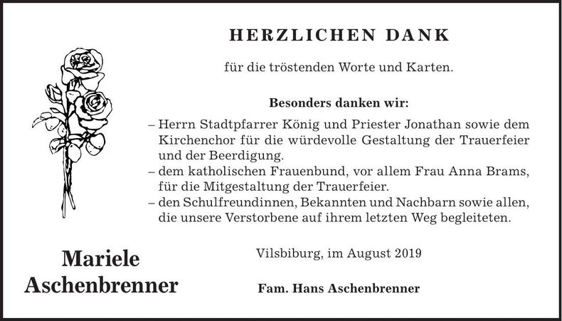 Traueranzeige Mariele Aschenbrenner