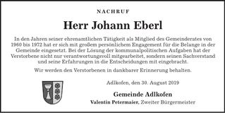 Traueranzeige Johann Eberl