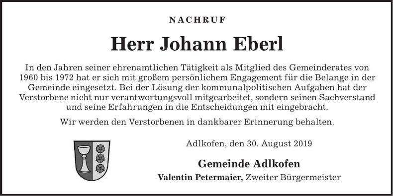 Traueranzeige Johann Eberl