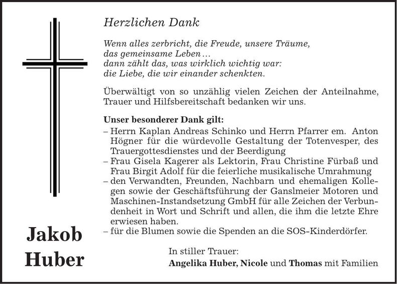 Traueranzeige Jakob Huber
