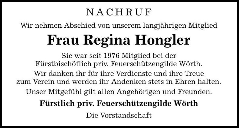 Traueranzeige Regina Hongler