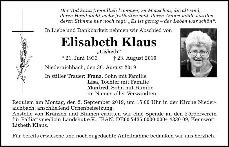 Traueranzeige Elisabeth Klaus