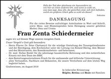 Traueranzeige Zenta Schiedermeier
