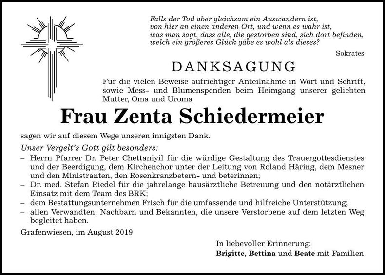 Traueranzeige Zenta Schiedermeier