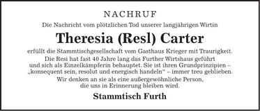 Traueranzeige Theresia Carter