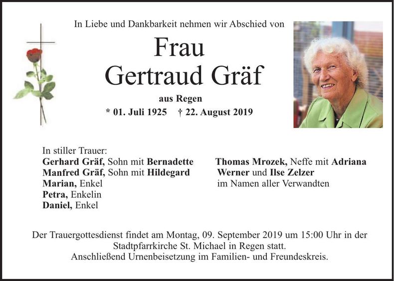 Traueranzeige Gertraud Gräf
