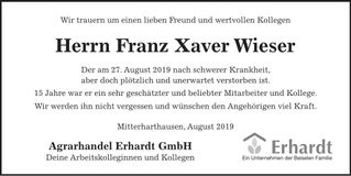 Traueranzeige Franz Xaver Wieser