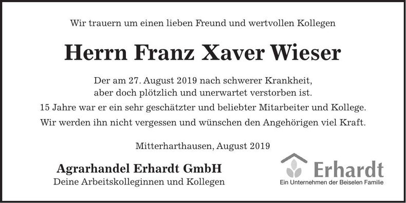 Traueranzeige Franz Xaver Wieser