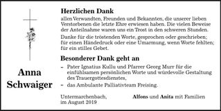Traueranzeige Anna Schwaiger