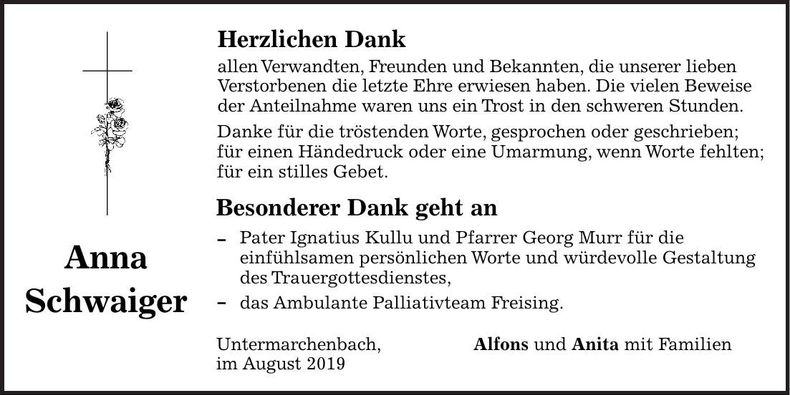 Traueranzeige Anna Schwaiger