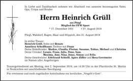 Traueranzeige Heinrich Grüll