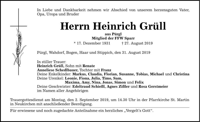 Traueranzeige Heinrich Grüll