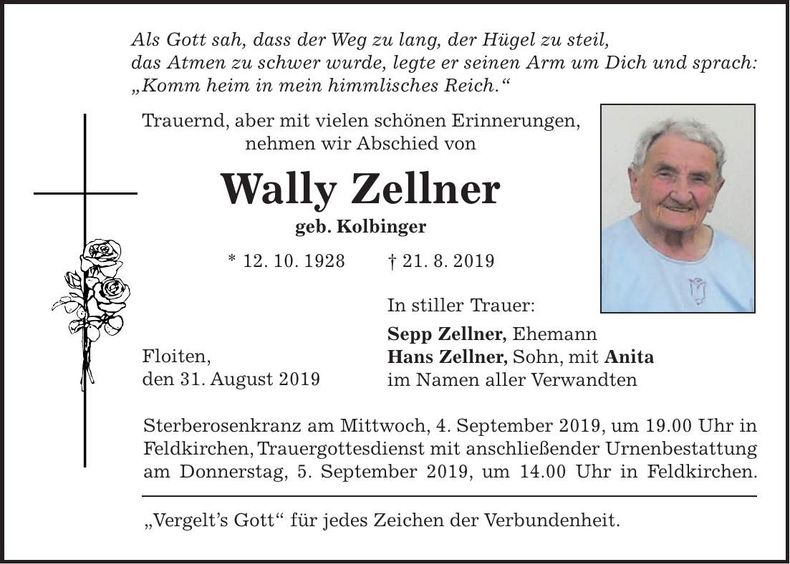 Traueranzeige Wally Zellner