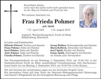 Traueranzeige Frieda Pohmer