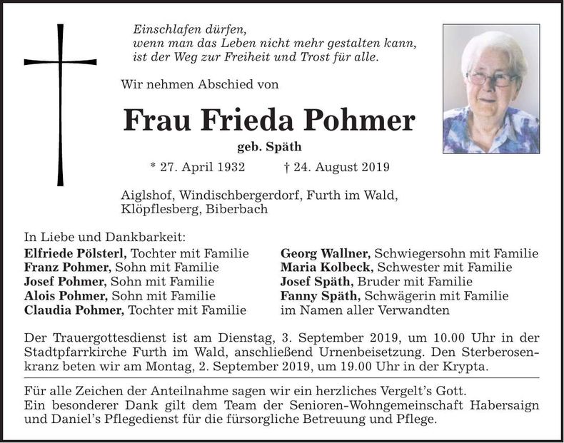 Traueranzeige Frieda Pohmer