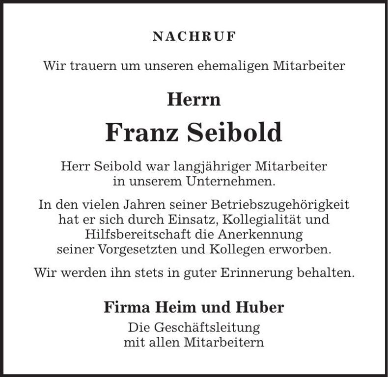 Traueranzeige Franz Seibold