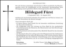 Traueranzeige Hildegard Fürst