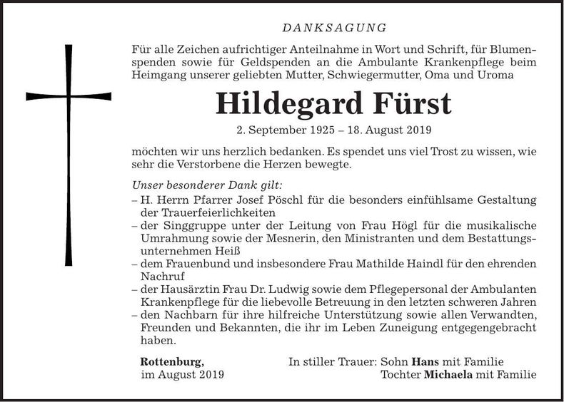 Traueranzeige Hildegard Fürst