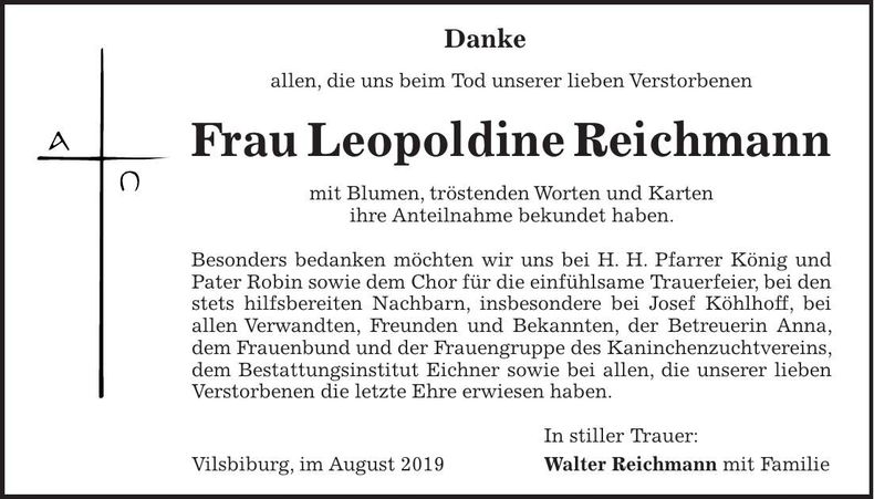 Traueranzeige Leopoldine Reichmann
