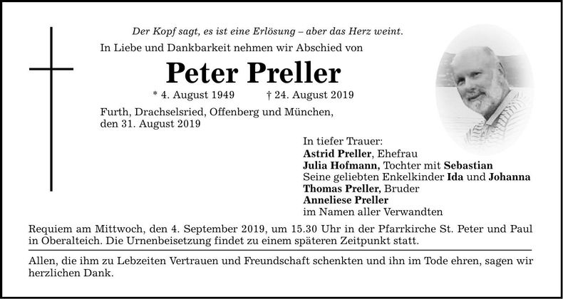 Traueranzeige Peter Preller