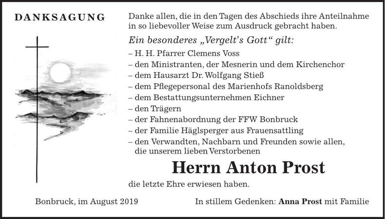 Traueranzeige Anton Prost