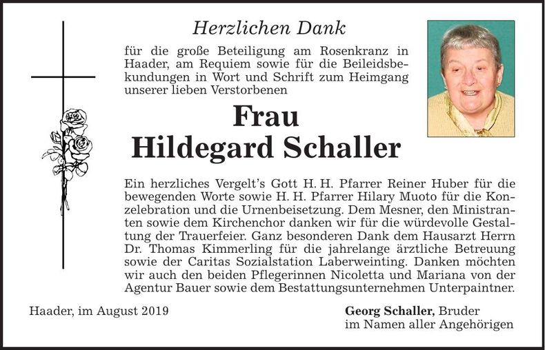 Traueranzeige Hildegard Schaller