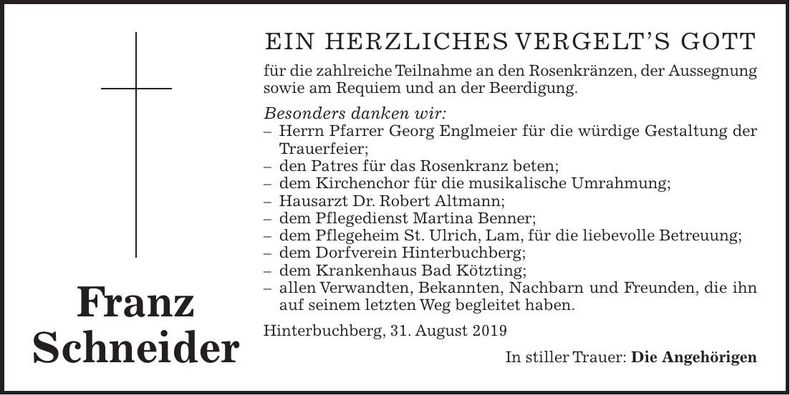 Traueranzeige Franz Schneider