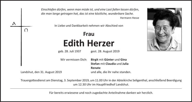 Traueranzeige Edith Herzer