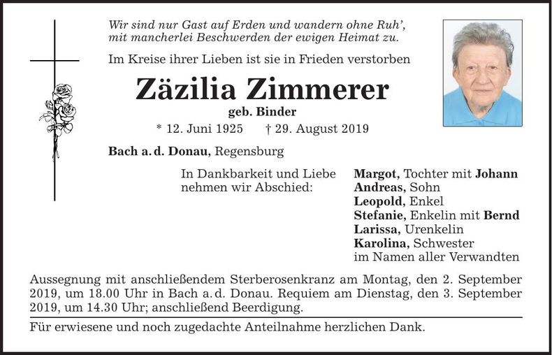 Traueranzeige Zäzilia Zimmerer
