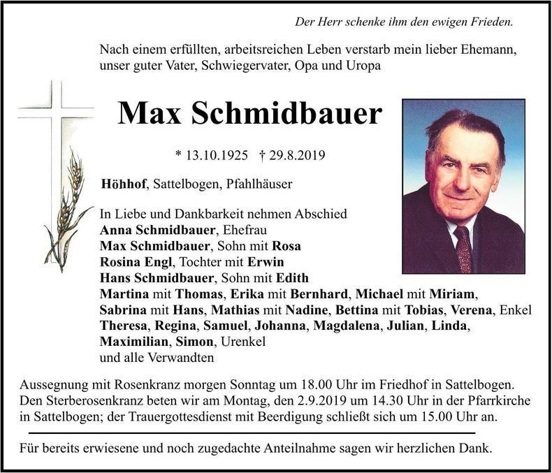 Traueranzeige Max Schmidbauer