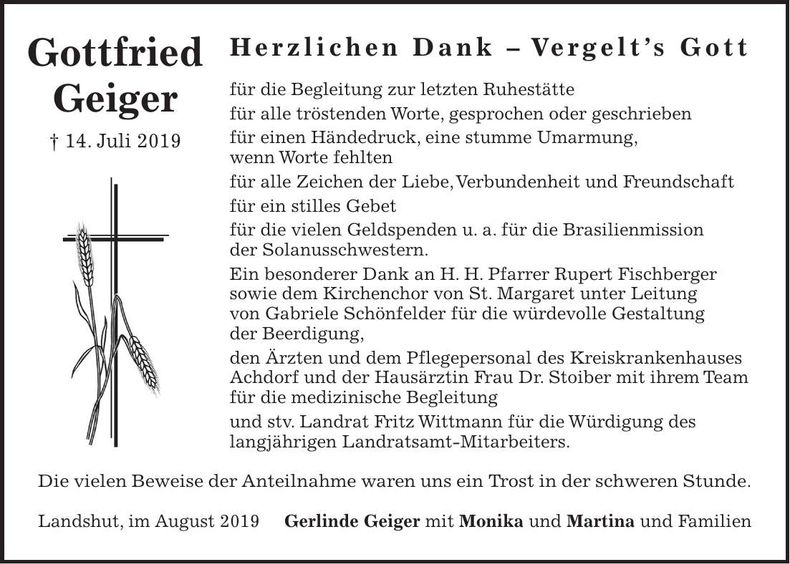 Traueranzeige Gottfried Geiger