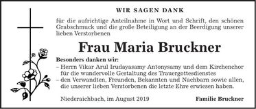 Traueranzeige Maria Bruckner