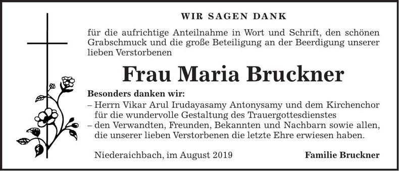 Traueranzeige Maria Bruckner