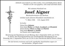 Traueranzeige Josef Aigner