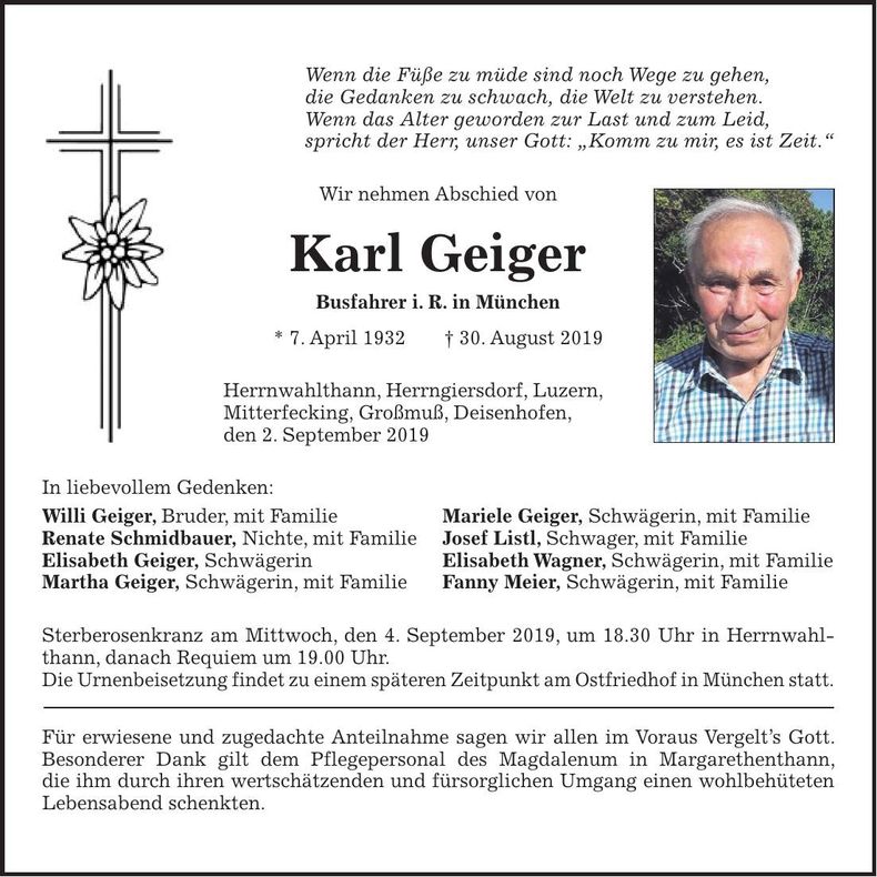 Traueranzeige Karl Geiger