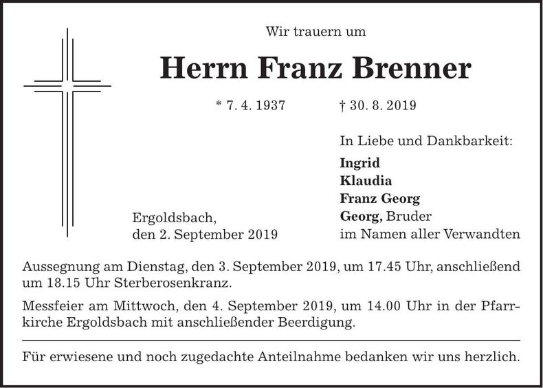 Traueranzeige Franz Brenner
