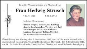 Traueranzeige Hedwig Strusch