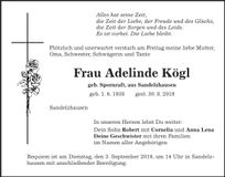 Traueranzeige Adelinde Kögl