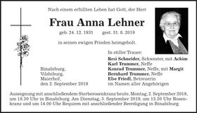 Traueranzeige Anna Lehner