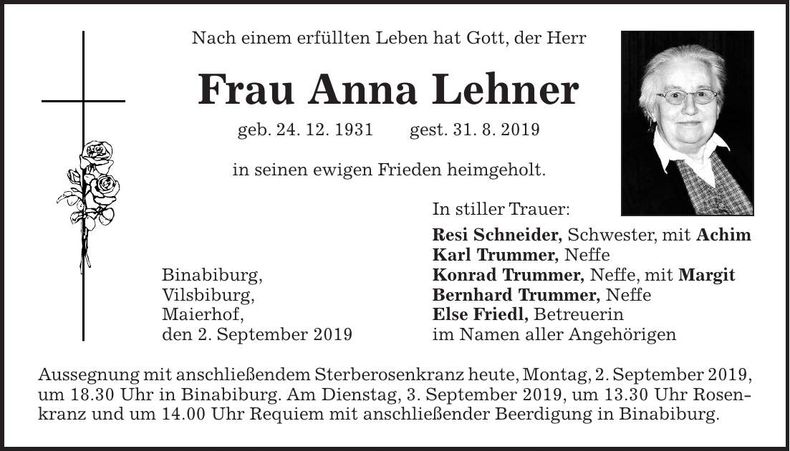 Traueranzeige Anna Lehner