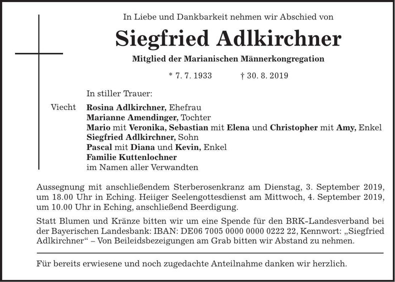 Traueranzeige Siegfried Adlkirchner