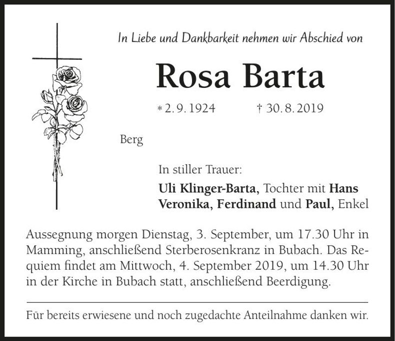 Traueranzeige Rosa Barta