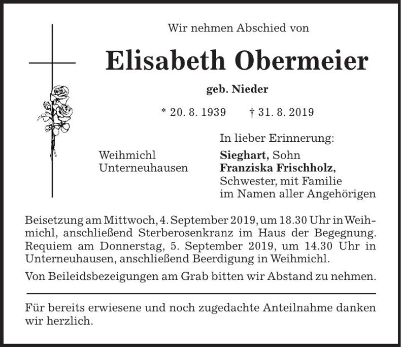 Traueranzeige Elisabeth Obermeier